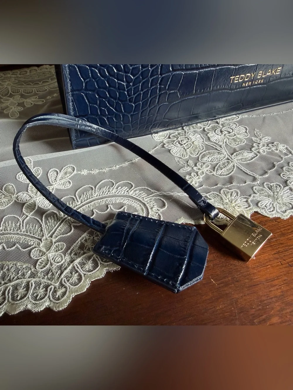NWOT Teddy Blake Navy Croc-Embossed Leather Top Handle Bag Purse
